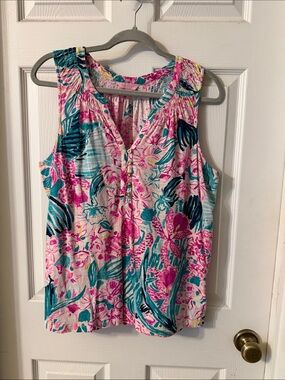 Lilly Pulitzer Pink & Teal Floral Sleeveless V-Neck Tank